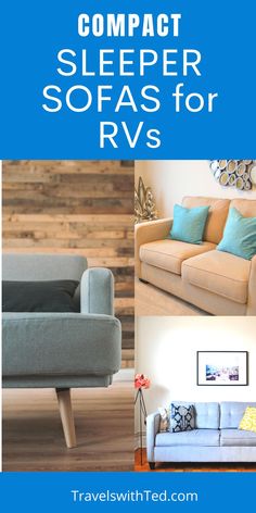 some couches and chairs with text overlay that says compact sleeper sofas for rv's