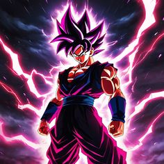 the dragon ball character is standing in front of some clouds and lightnings with his arms outstretched