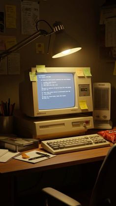 a desktop computer sitting on top of a wooden desk next to a lamp and other office supplies