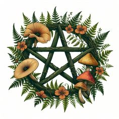 a pentagram surrounded by mushrooms and ferns