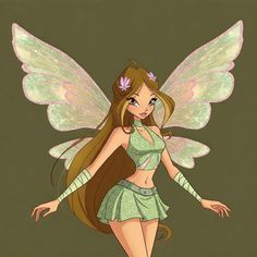 a fairy with long brown hair and green dress