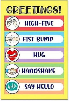 a sign that says greetings high five fist bump hug handshake say hello