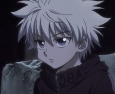 an anime character with white hair and blue eyes looking at something in the distance behind him