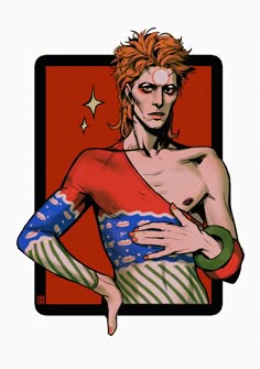 a drawing of a man with red hair and tattoos on his chest holding a green apple