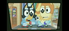 two cartoon dogs standing next to each other in front of a tv screen with the caption's name on it