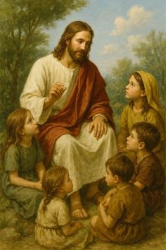 a painting of jesus surrounded by children