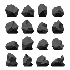 the different shapes of rocks are shown in black and gray colors on a white background