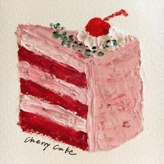 a piece of cake that has been painted red and white with the word cherry cake on it