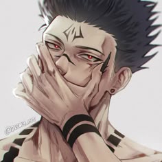 an anime character with his hands on his face