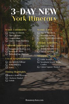 the 3 day new york itinerary is shown in front of trees and buildings