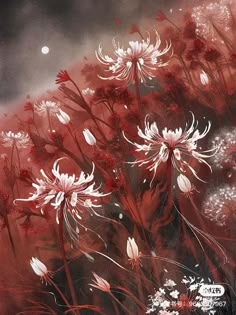 a painting of white flowers on a red background with the moon in the sky above