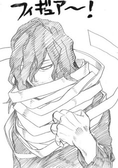 an anime character with long hair, wearing a scarf and holding his hand over his face