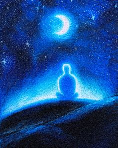 a drawing of a person sitting in the middle of a night sky