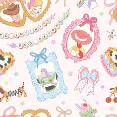 a pink wallpaper with many different items on it