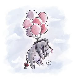 a drawing of an elephant holding balloons in the air