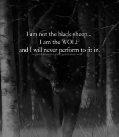 a black wolf walking through the woods with a quote from john c campbell on it