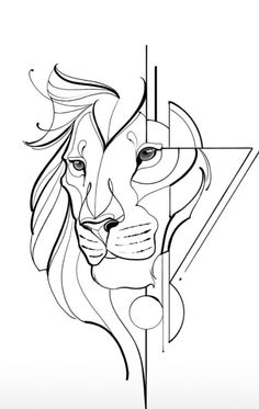a black and white drawing of a lion's face with triangles in the background