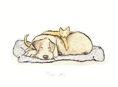 a drawing of a dog and cat sleeping together