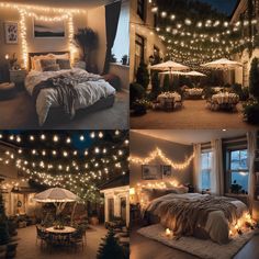 there are many lights strung from the ceiling and on the walls in this bedroom, along with an outdoor bed
