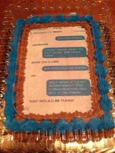 a sheet cake that has some words on it