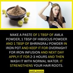 Mix 1 tablespoon each of amla powder, hibiscus powder, and bhringraj powder in an iron pot. Let the mixture sit overnight for iron infusion. The next day, apply the paste to your hair and leave it on for 2-3 hours. Rinse with normal water. This natural remedy helps to strengthen your hair roots, promoting healthier and stronger hair.  #HairCare #NaturalRemedies #HealthyHair #Amla #Hibiscus #Bhringraj #HairStrengthening #HomeRemedies #HairGrowth #ayurveda #hair #haircareroutine #remedies #haircolor Amla Recipes For Hair, Amla For Hair Growth, Amla Benefits Hair, Amla Powder Hair Mask For Hair Growth, Amla And Hibiscus Hair Mask, How To Use Amla Powder For Hair, Amla Powder For Hair Growth, How To Use Amla Powder, Amla Powder Hair Mask