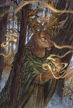 a painting of a man holding a deer in the woods with horns on his head