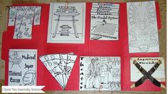 an open book with drawings on it and some scissors in front of the pages that have been cut out