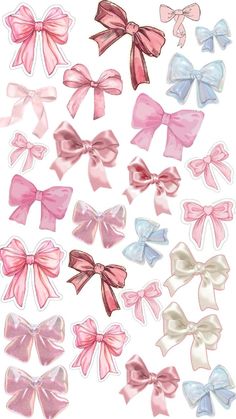 a bunch of different colored bows on top of each other in pink, white and blue