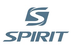 the logo for spirit is shown in blue and grey letters, with an arrow pointing up to