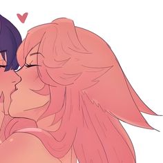 two people are kissing each other with pink wings on their heads and hearts above them