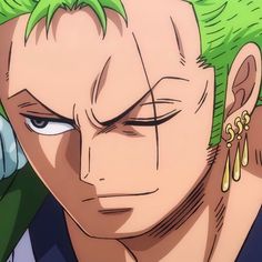 an anime character with green hair and piercings on his ears looking at the camera