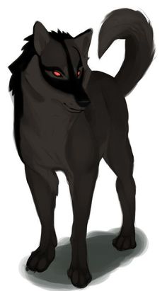 a black wolf with orange eyes standing in front of a white background