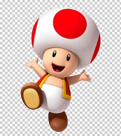 a cartoon mushroom with a red and white hat on it's head, flying through the