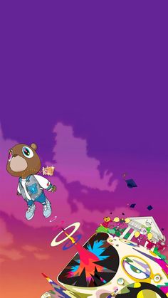 a cartoon character flying through the air on top of a colorful object in front of a purple sky