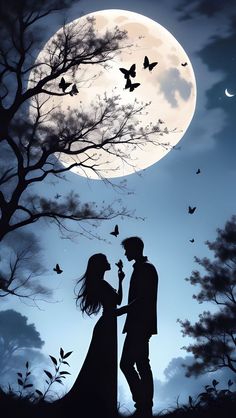 a man and woman standing in front of a full moon with butterflies flying over them