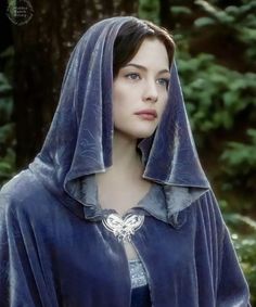 a woman wearing a blue cloak in front of a forest with trees and bushes behind her