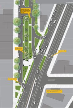 an overhead view of a street with cars and trees