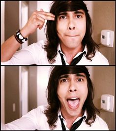 two pictures of a man with long hair and wearing a white shirt, black tie