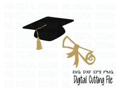 a graduation cap and scroll with the words svg dxf epsng digital cutting file