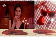 an image of a woman wearing red sunglasses and holding her finger to her lips with the word, i love you written on it