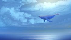 a blue whale swimming in the ocean under a cloudy sky