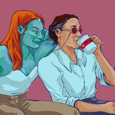 two women sitting next to each other drinking from coffee mugs, one with red hair and the other with green skin
