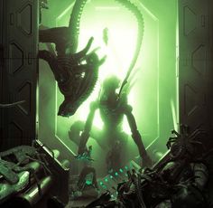 an alien hunter standing in front of a green light