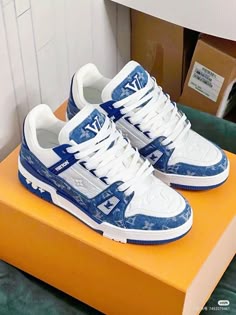 Lv Shoes Sneakers, Blue Expensive Shoes, Luxury Blue Sneakers, White And Blue Lv Shoes, Luxury Blue Nike Sneakers, Lv Trainers Outfit Men, Luxury Blue Nike Custom Sneakers, Luxury Blue Sneakers For Streetwear, Lv Shoes Blue