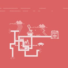 a red background with white lines and an image of a building in the middle, on top of it