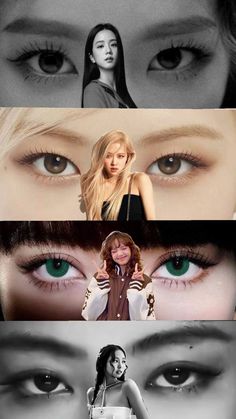 four different pictures with the same woman's face and eyes, all in black and white