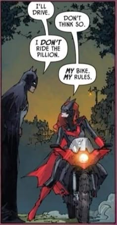 batman and catwoman on a motorcycle talking to each other in the dark knight comics