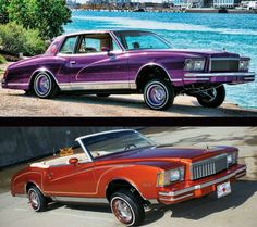 two different cars side by side in front of the ocean and one with an orange convertible