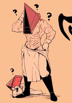 a drawing of a man with a hat on his head and question marks around him