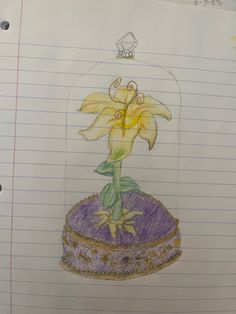 a drawing of a yellow flower in a glass dome on top of a purple base